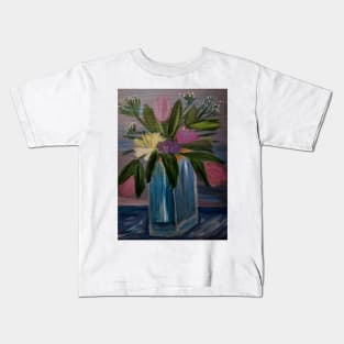 A beautiful bouquet flowers in a glass and gold vase . Using my favorite colors as vibrant background Using Acrylic and metallic paints. Kids T-Shirt